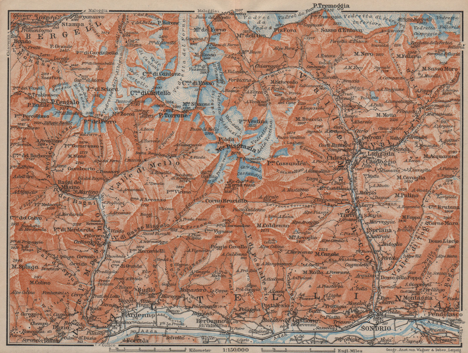 VAL MASINO/BREGAGLIA ALPS. Disgrazia Caspoggio Tellina Malenco Sondrio 1913 map